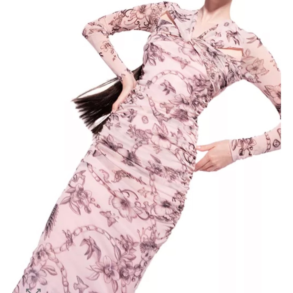Pinko Aderente Tattoo Print Floral Pink Ruched Mesh Long Sleeve Dress Size L NWT - Picture 3 of 6